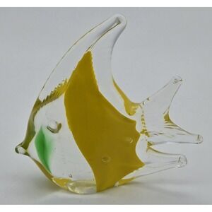 Art Glass Angelfish Figurine Yellow Clear Green Blown Paperweight Decor 4"
